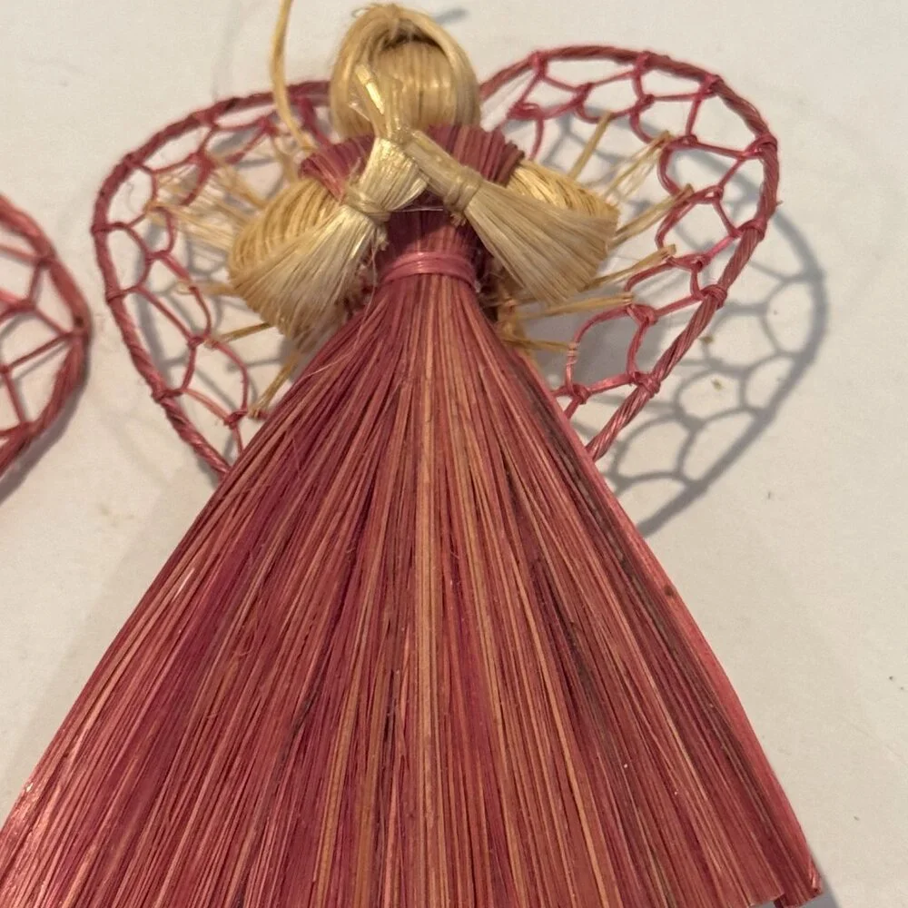Vintage Raffia Straw Angel Ornaments Set of 3 Red & Natural Farmhouse Christmas